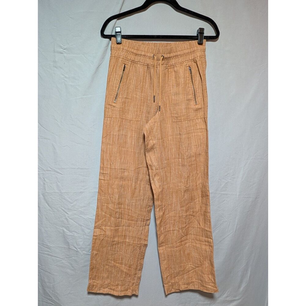 Athleta Cabo Linen Orange Textured Wide Leg Pants Striped Drawstring Size 2 Tall